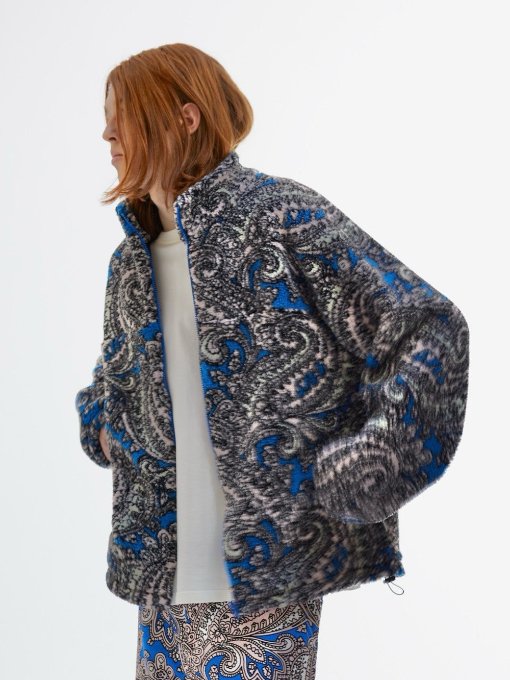 SNS Paisley Fleece Jacket Unisex Black Blue Zip Up Mock Neck Zipper Pocket Sz S